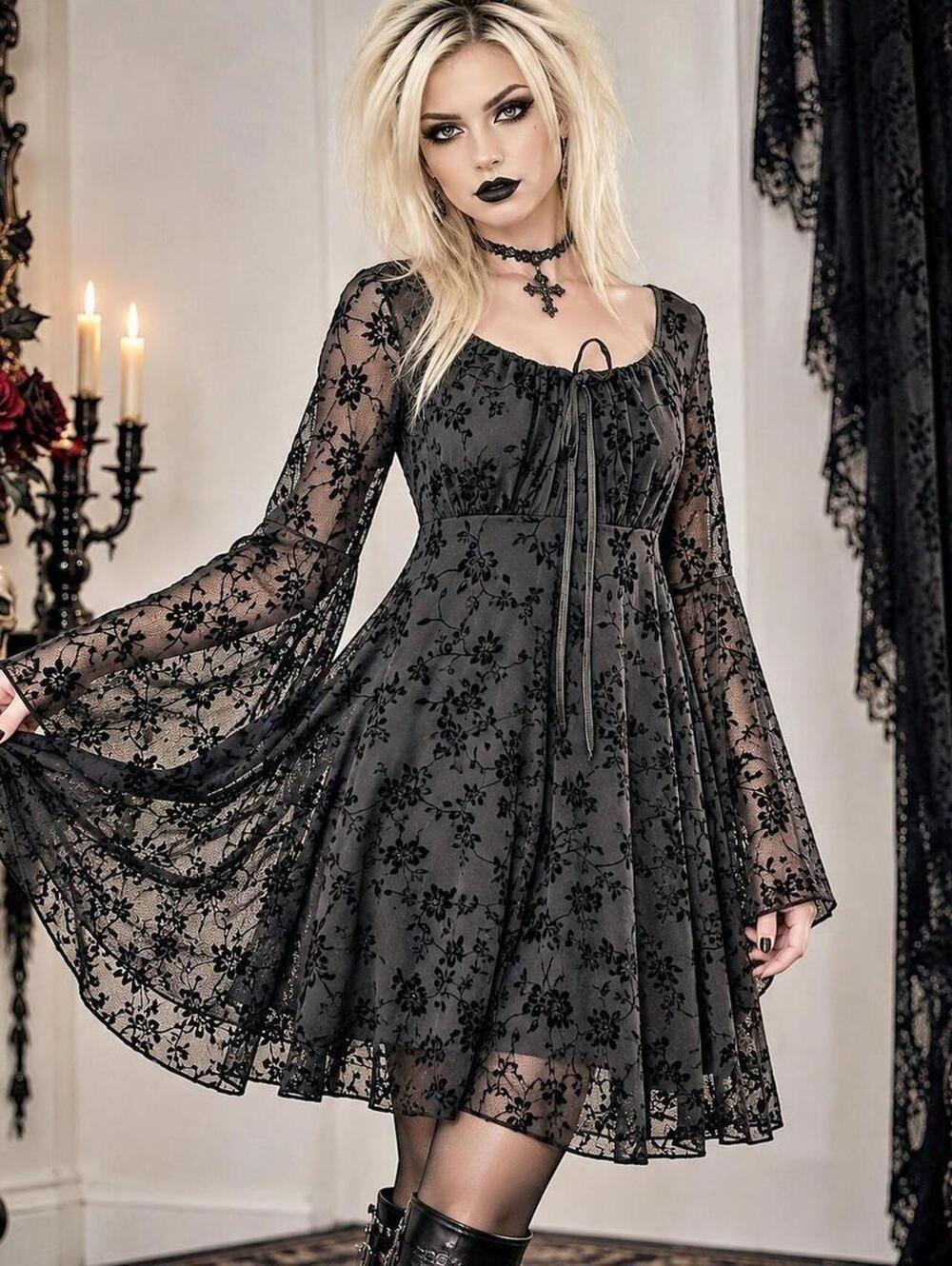 Black lace mini dress with bell sleeves Size L